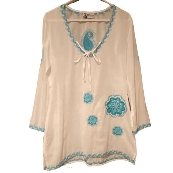 Mud Pie Bag Lady Embroidered Tunic Paisley White & Teal Size Small LongSleeve - Picture 1 of 12
